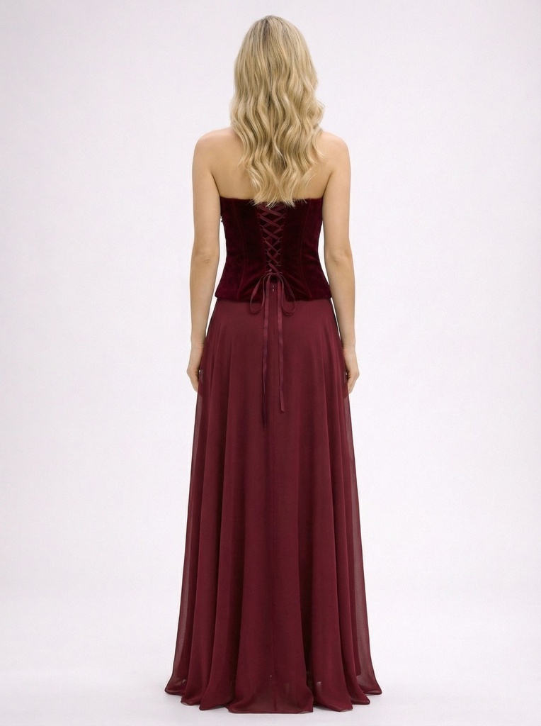 فستان سهرة مخملي بدون أكتاف بتطريز ناعم