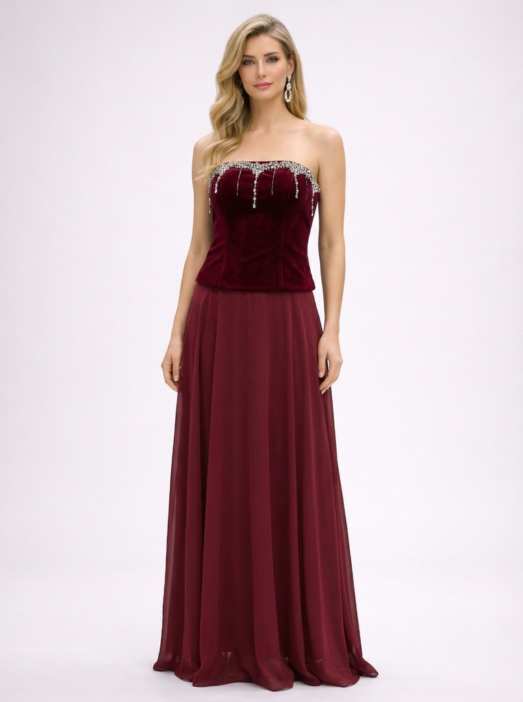 [LF-2339] فستان سهرة مخملي بدون أكتاف بتطريز ناعم