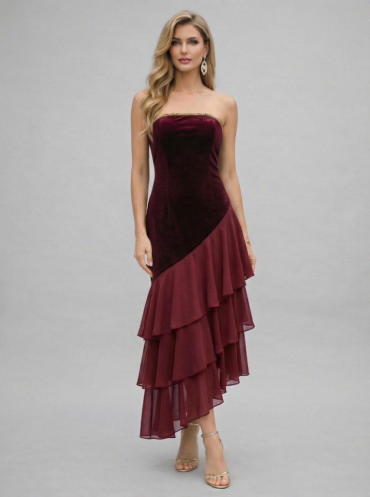 فستان سهرة مخملي بتنورة شيفون متدرجة