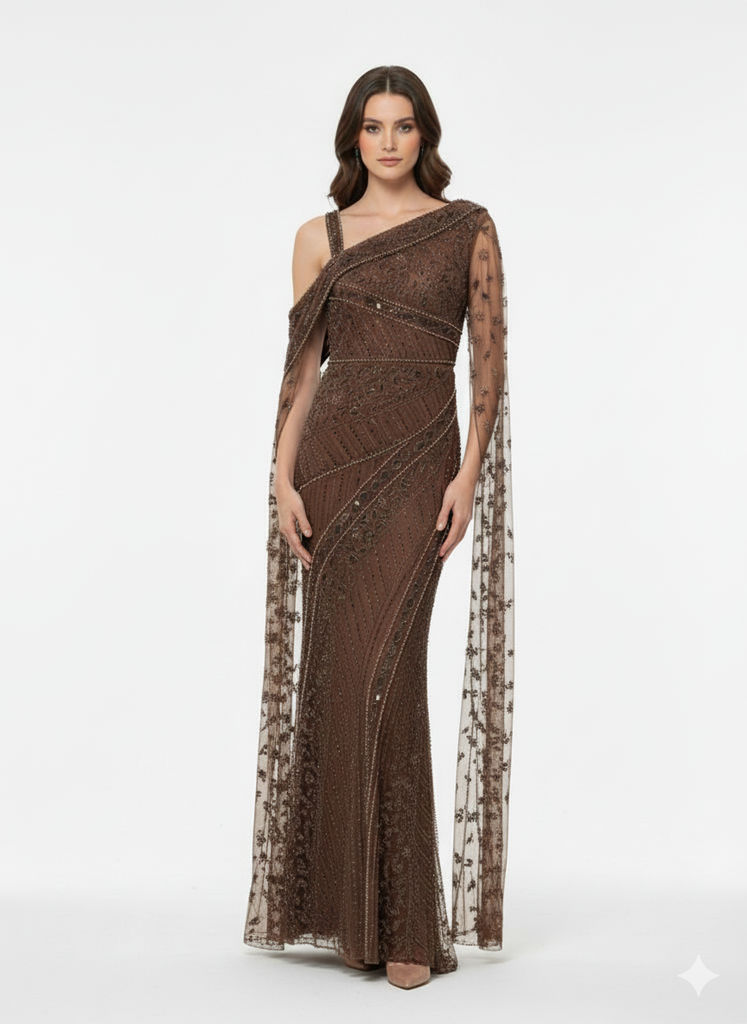 فستان سهرة كتف واحد بنقشة مطرّزة (ميديم)