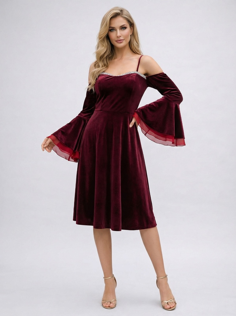 فستان مخمل قصير (عنابي)